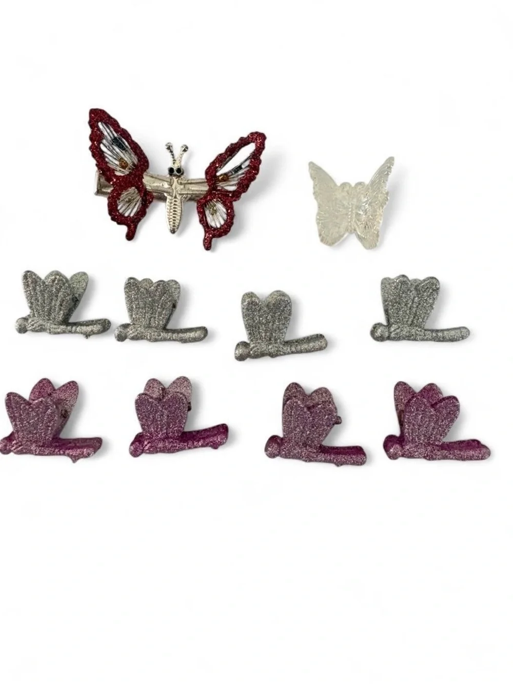American Vintage Glitter Butterfly Clip Set - Red, Silver, Pink